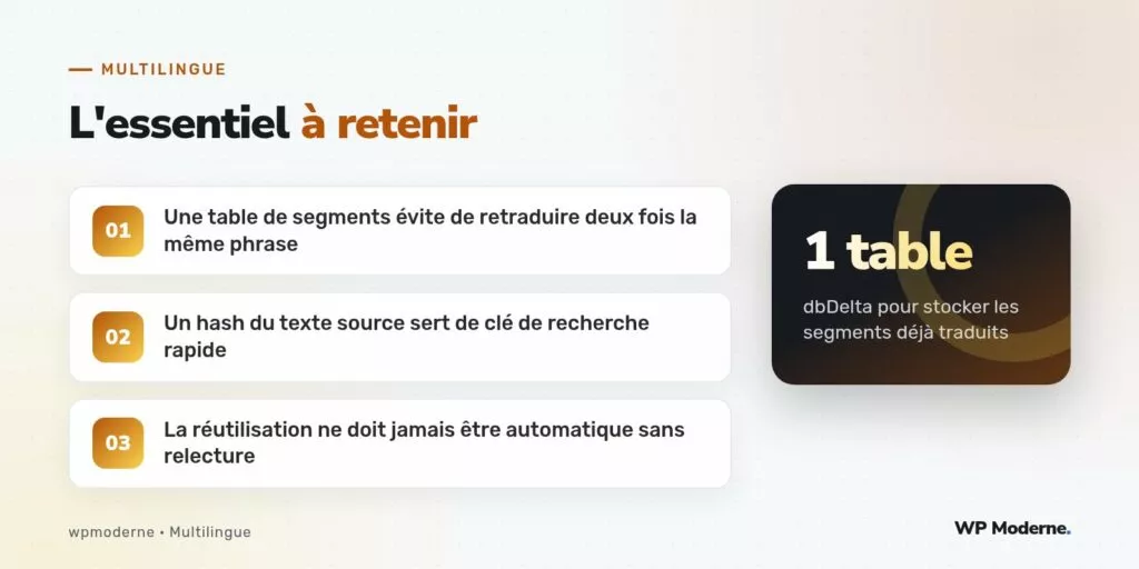 L'essentiel à retenir : Une table de segments évite de retraduire deux fois la même phrase ; Un hash du texte source sert de clé de recherche rapide ; La réutilisation ne doit jamais être automatique sans relecture