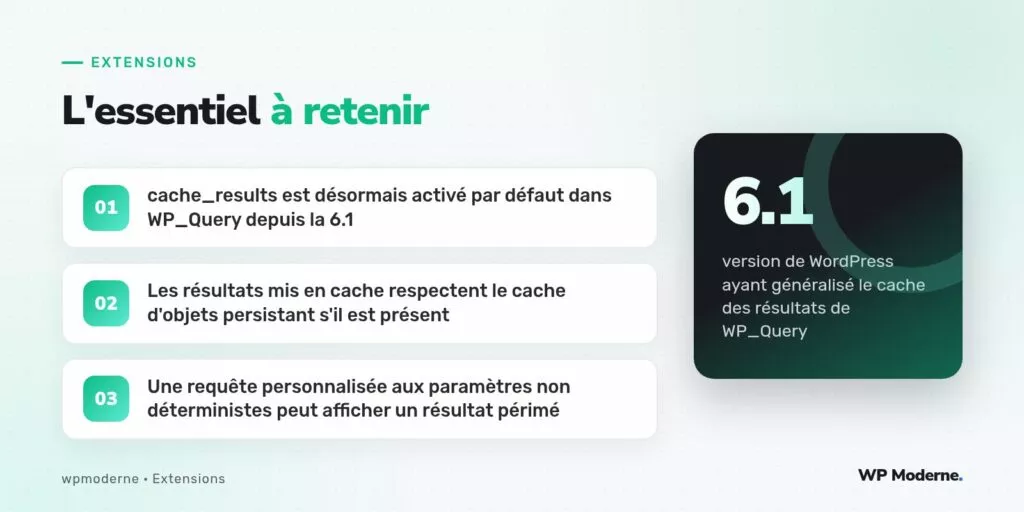 L'essentiel à retenir : cache_results est désormais activé par défaut dans WP_Query depuis la 6.1 ; Les résultats mis en cache respectent le cache d'objets persistant s'il est présent ; Une requête personnalisée aux paramètres non déterministes peut afficher un résultat périmé