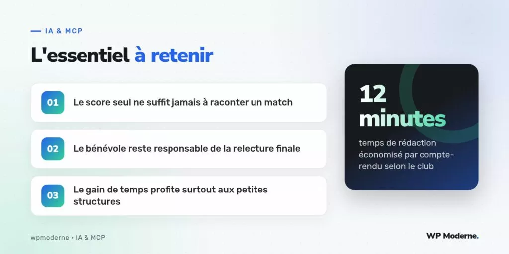 L'essentiel à retenir : Le score seul ne suffit jamais à raconter un match ; Le bénévole reste responsable de la relecture finale ; Le gain de temps profite surtout aux petites structures