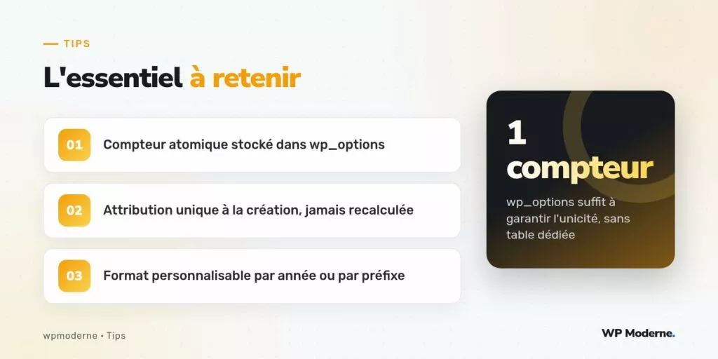 L'essentiel à retenir : Compteur atomique stocké dans wp_options ; Attribution unique à la création, jamais recalculée ; Format personnalisable par année ou par préfixe