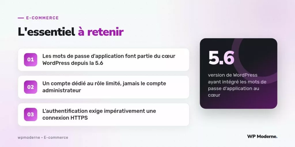 L'essentiel à retenir : Les mots de passe d'application font partie du cœur WordPress depuis la 5.6 ; Un compte dédié au rôle limité, jamais le compte administrateur ; L'authentification exige impérativement une connexion HTTPS