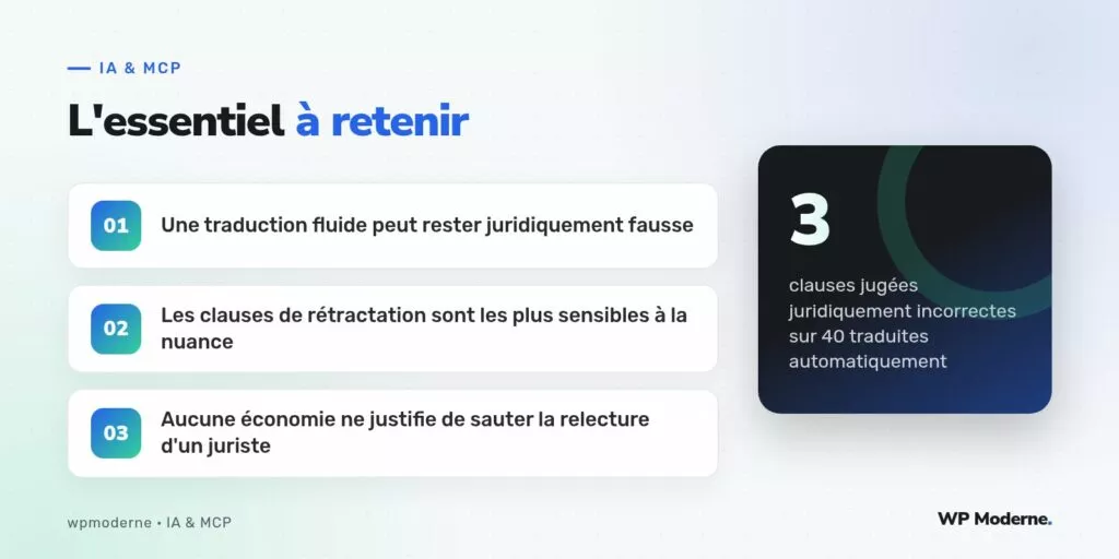 L'essentiel à retenir : Une traduction fluide peut rester juridiquement fausse ; Les clauses de rétractation sont les plus sensibles à la nuance ; Aucune économie ne justifie de sauter la relecture d'un juriste