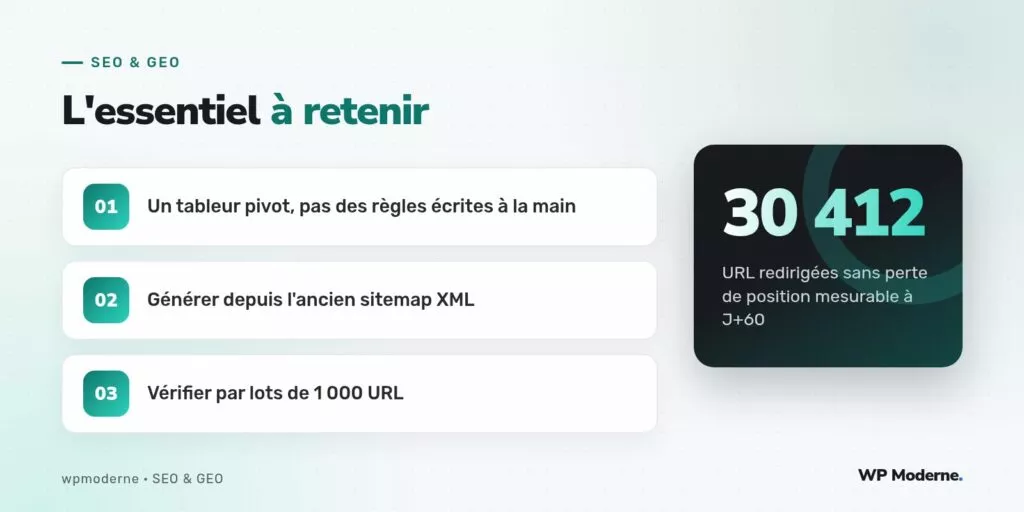 L'essentiel à retenir : Un tableur pivot, pas des règles écrites à la main ; Générer depuis l'ancien sitemap XML ; Vérifier par lots de 1 000 URL