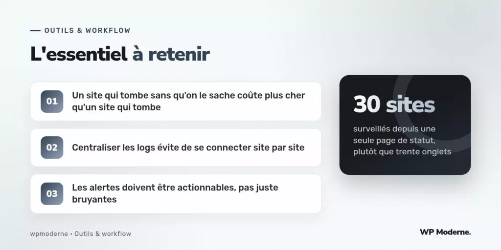 L'essentiel à retenir : Un site qui tombe sans qu'on le sache coûte plus cher qu'un site qui tombe ; Centraliser les logs évite de se connecter site par site ; Les alertes doivent être actionnables, pas juste bruyantes
