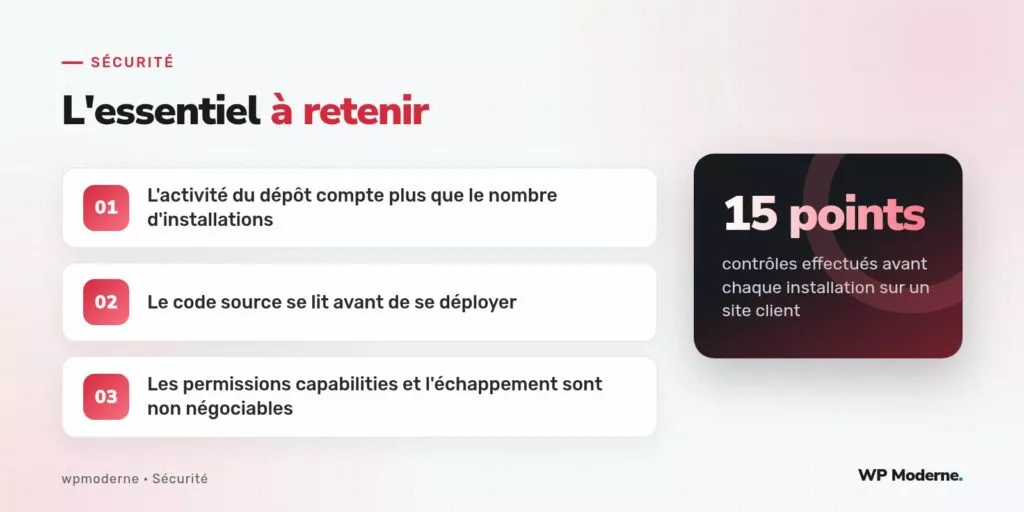 L'essentiel à retenir : L'activité du dépôt compte plus que le nombre d'installations ; Le code source se lit avant de se déployer ; Les permissions capabilities et l'échappement sont non négociables