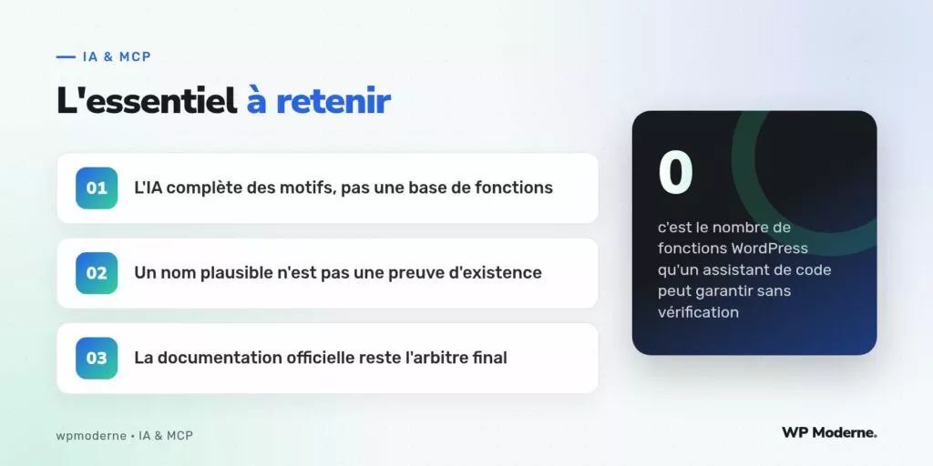 L'essentiel à retenir : L'IA complète des motifs, pas une base de fonctions ; Un nom plausible n'est pas une preuve d'existence ; La documentation officielle reste l'arbitre final