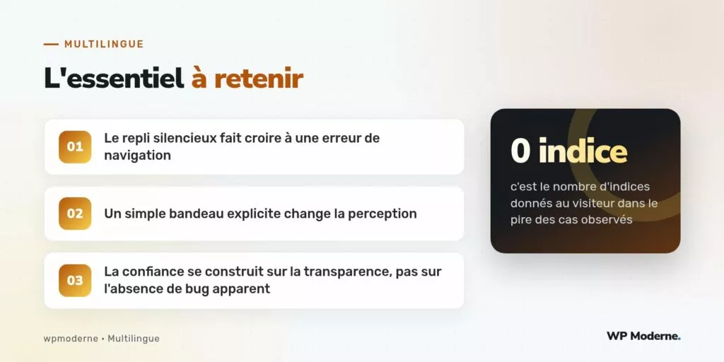 L'essentiel à retenir : Le repli silencieux fait croire à une erreur de navigation ; Un simple bandeau explicite change la perception ; La confiance se construit sur la transparence, pas sur l'absence de bug apparent