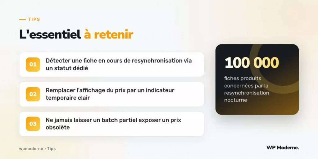 L'essentiel à retenir : Détecter une fiche en cours de resynchronisation via un statut dédié ; Remplacer l'affichage du prix par un indicateur temporaire clair ; Ne jamais laisser un batch partiel exposer un prix obsolète
