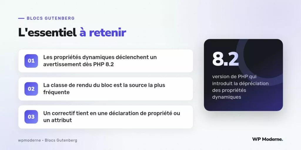 L'essentiel à retenir : Les propriétés dynamiques déclenchent un avertissement dès PHP 8.2 ; La classe de rendu du bloc est la source la plus fréquente ; Un correctif tient en une déclaration de propriété ou un attribut
