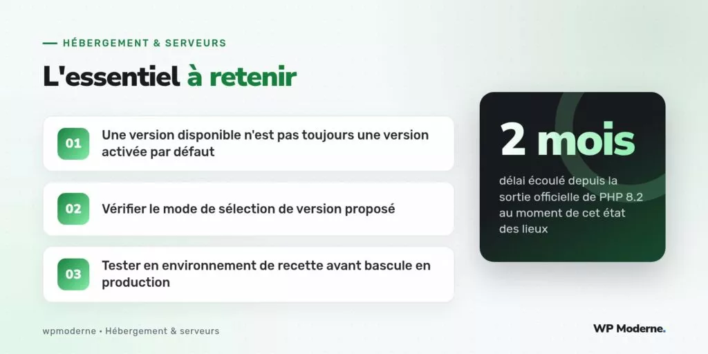 L'essentiel à retenir : Une version disponible n'est pas toujours une version activée par défaut ; Vérifier le mode de sélection de version proposé ; Tester en environnement de recette avant bascule en production