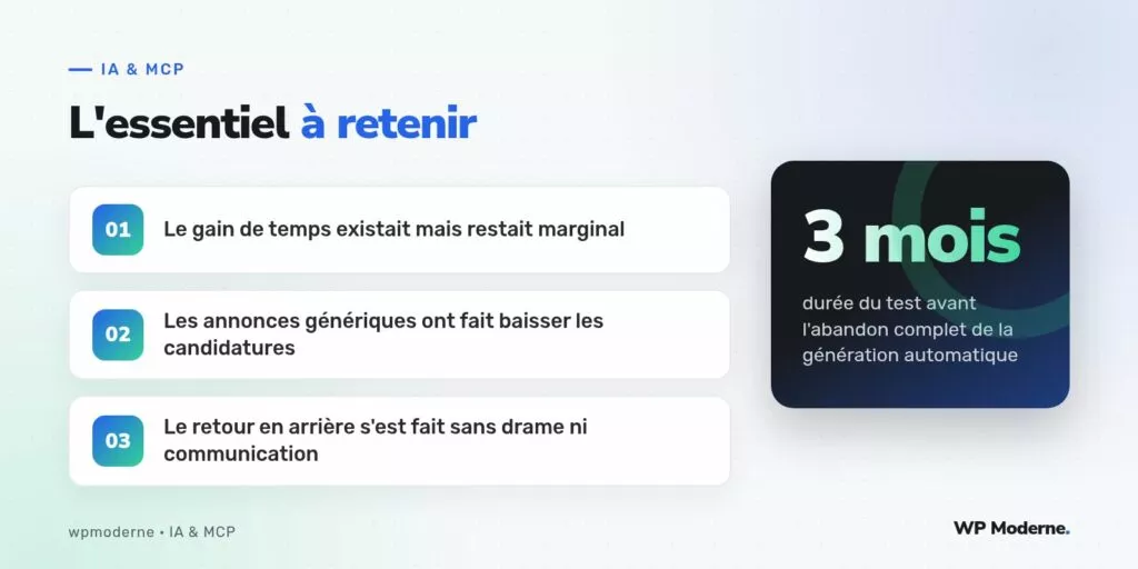 L'essentiel à retenir : Le gain de temps existait mais restait marginal ; Les annonces génériques ont fait baisser les candidatures ; Le retour en arrière s'est fait sans drame ni communication