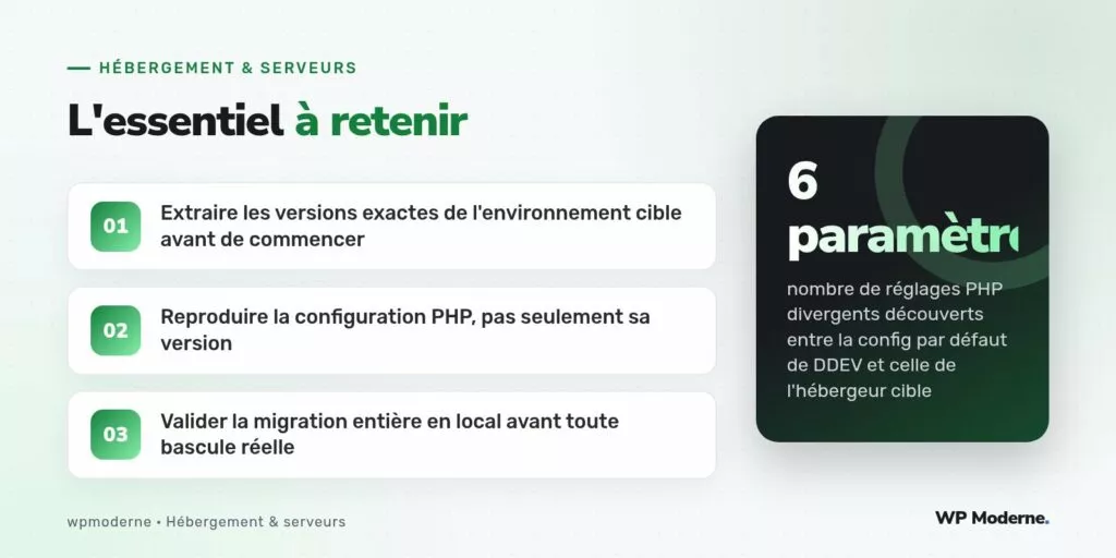 L'essentiel à retenir : Extraire les versions exactes de l'environnement cible avant de commencer ; Reproduire la configuration PHP, pas seulement sa version ; Valider la migration entière en local avant toute bascule réelle