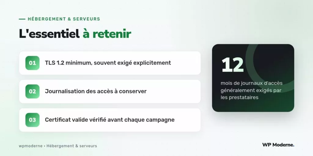 L'essentiel à retenir : TLS 1.2 minimum, souvent exigé explicitement ; Journalisation des accès à conserver ; Certificat valide vérifié avant chaque campagne