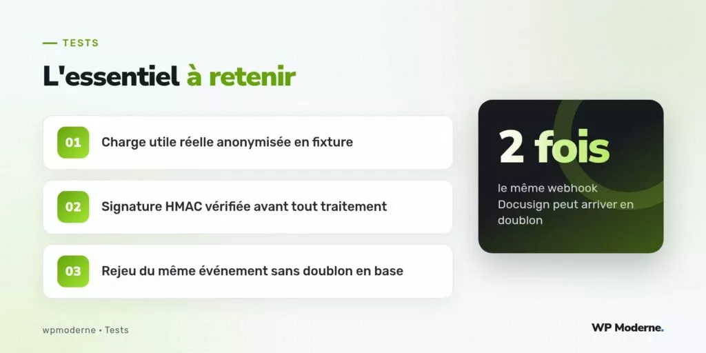 L'essentiel à retenir : Charge utile réelle anonymisée en fixture ; Signature HMAC vérifiée avant tout traitement ; Rejeu du même événement sans doublon en base