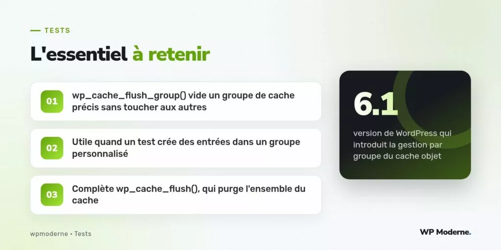 L'essentiel à retenir : wp_cache_flush_group() vide un groupe de cache précis sans toucher aux autres ; Utile quand un test crée des entrées dans un groupe personnalisé ; Complète wp_cache_flush(), qui purge l'ensemble du cache