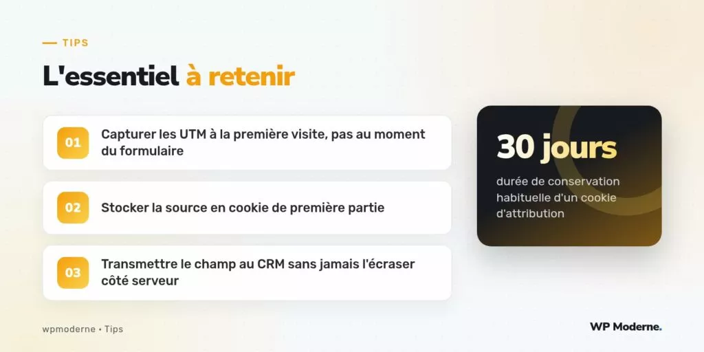 L'essentiel à retenir : Capturer les UTM à la première visite, pas au moment du formulaire ; Stocker la source en cookie de première partie ; Transmettre le champ au CRM sans jamais l'écraser côté serveur