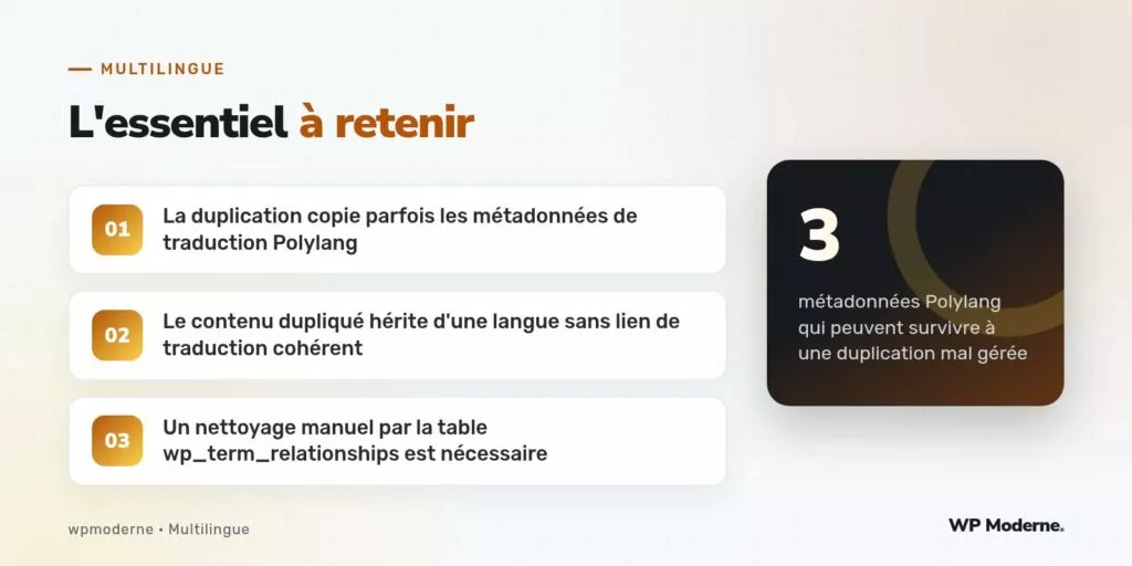 L'essentiel à retenir : La duplication copie parfois les métadonnées de traduction Polylang ; Le contenu dupliqué hérite d'une langue sans lien de traduction cohérent ; Un nettoyage manuel par la table wp_term_relationships est nécessaire