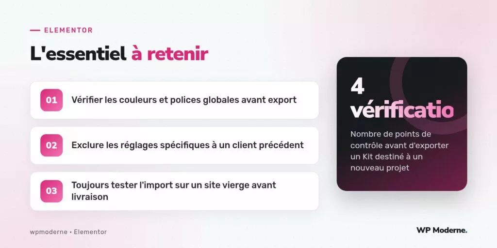 L'essentiel à retenir : Vérifier les couleurs et polices globales avant export ; Exclure les réglages spécifiques à un client précédent ; Toujours tester l'import sur un site vierge avant livraison