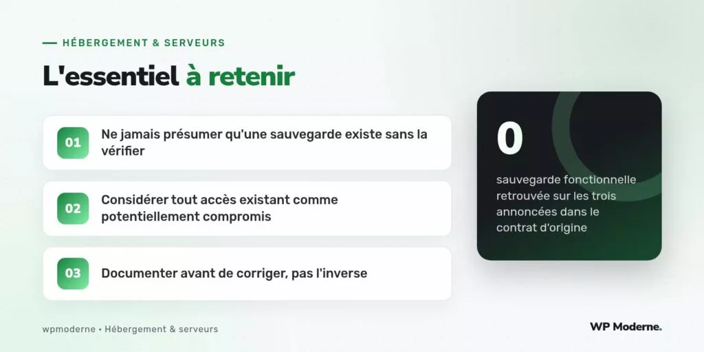 L'essentiel à retenir : Ne jamais présumer qu'une sauvegarde existe sans la vérifier ; Considérer tout accès existant comme potentiellement compromis ; Documenter avant de corriger, pas l'inverse