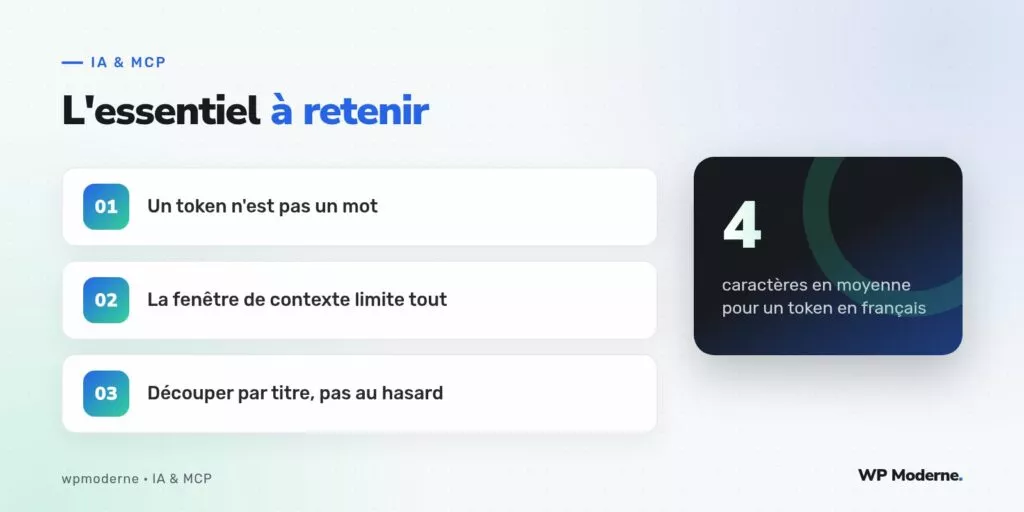 L'essentiel à retenir : Un token n'est pas un mot ; La fenêtre de contexte limite tout ; Découper par titre, pas au hasard