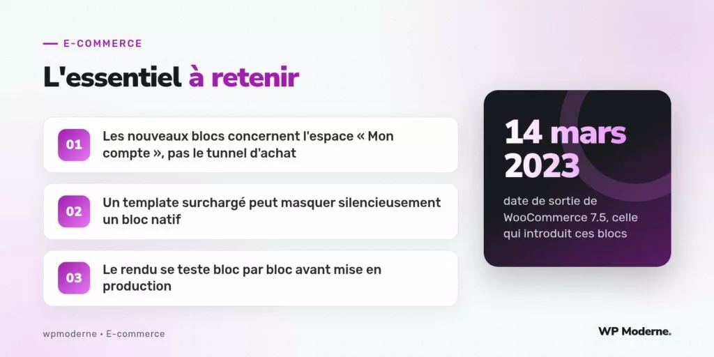 L'essentiel à retenir : Les nouveaux blocs concernent l'espace « Mon compte », pas le tunnel d'achat ; Un template surchargé peut masquer silencieusement un bloc natif ; Le rendu se teste bloc par bloc avant mise en production