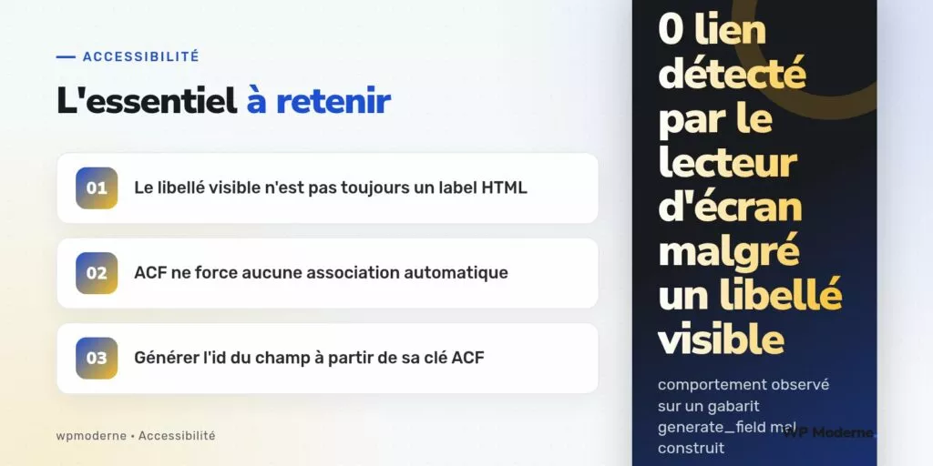 L'essentiel à retenir : Le libellé visible n'est pas toujours un label HTML ; ACF ne force aucune association automatique ; Générer l'id du champ à partir de sa clé ACF