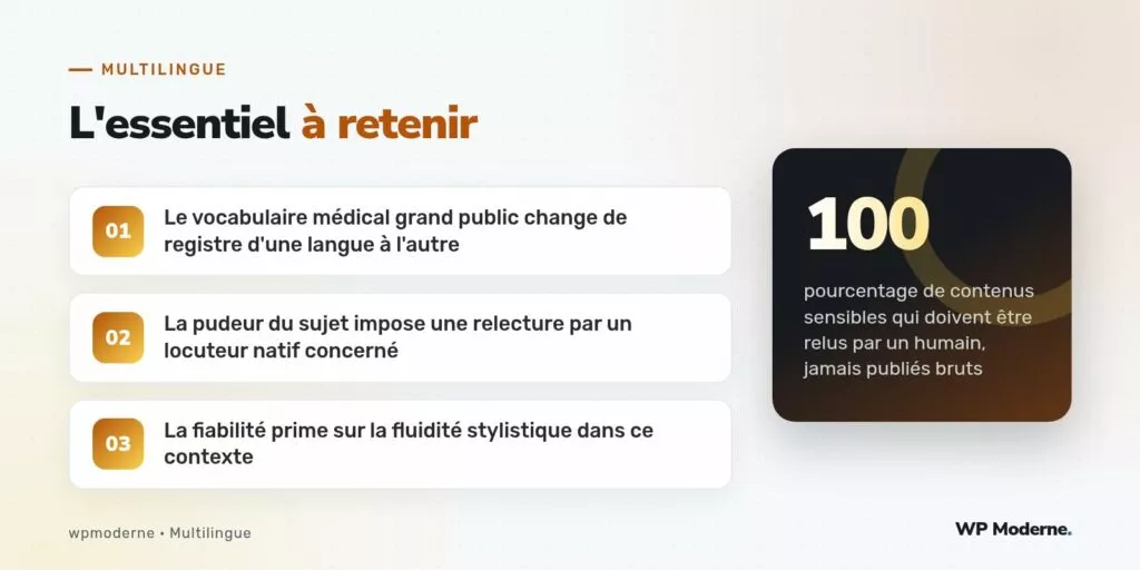 L'essentiel à retenir : Le vocabulaire médical grand public change de registre d'une langue à l'autre ; La pudeur du sujet impose une relecture par un locuteur natif concerné ; La fiabilité prime sur la fluidité stylistique dans ce contexte