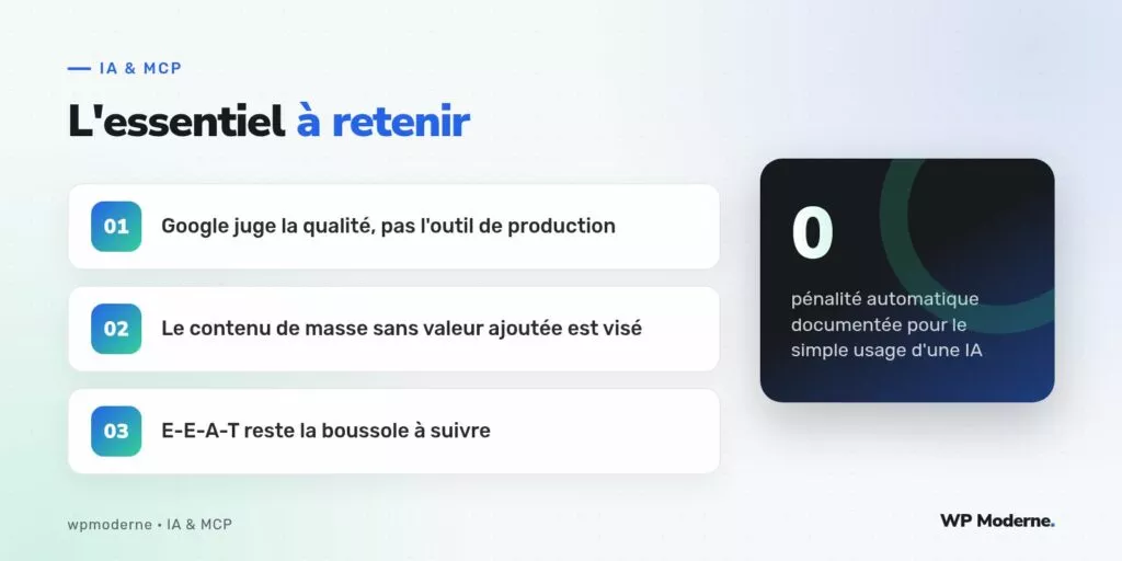 L'essentiel à retenir : Google juge la qualité, pas l'outil de production ; Le contenu de masse sans valeur ajoutée est visé ; E-E-A-T reste la boussole à suivre