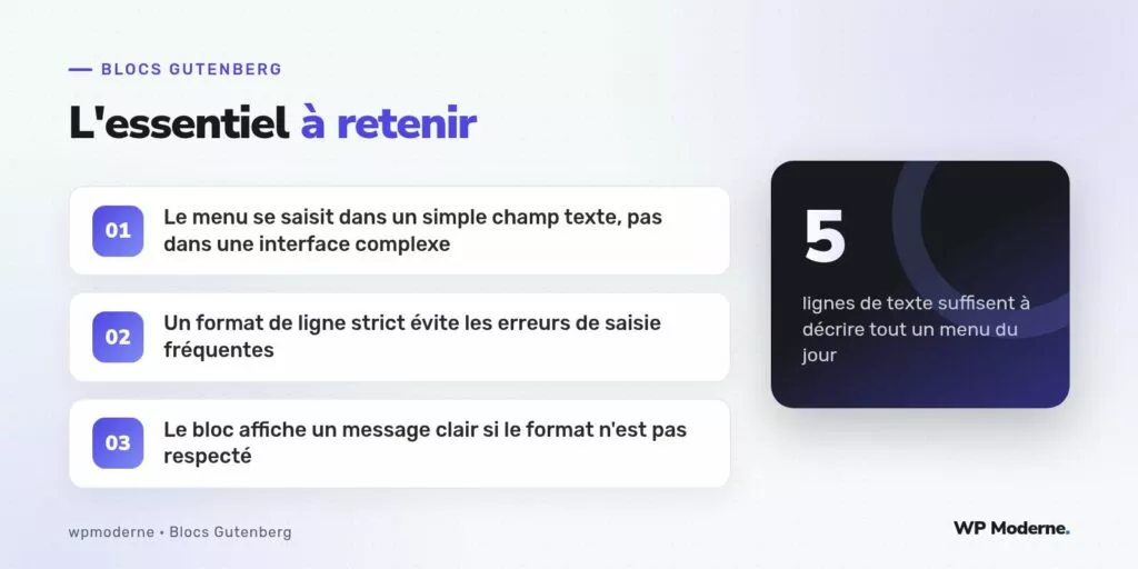 L'essentiel à retenir : Le menu se saisit dans un simple champ texte, pas dans une interface complexe ; Un format de ligne strict évite les erreurs de saisie fréquentes ; Le bloc affiche un message clair si le format n'est pas respecté