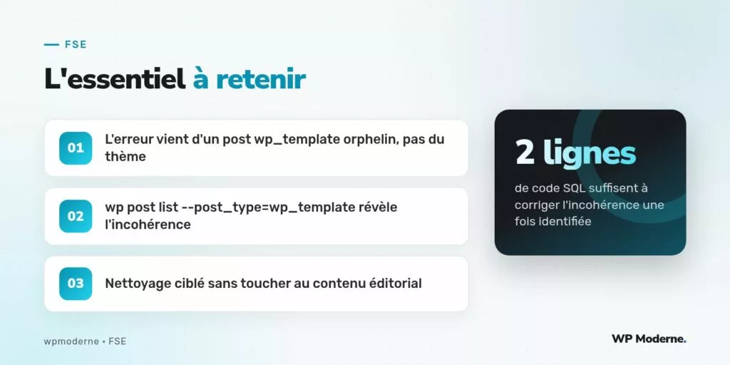L'essentiel à retenir : L'erreur vient d'un post wp_template orphelin, pas du thème ; wp post list --post_type=wp_template révèle l'incohérence ; Nettoyage ciblé sans toucher au contenu éditorial