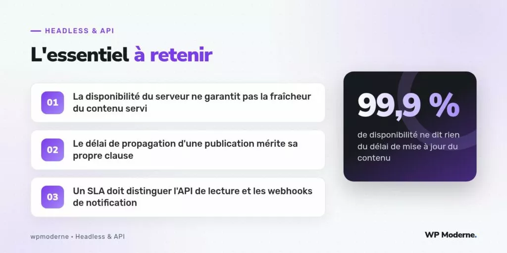 L'essentiel à retenir : La disponibilité du serveur ne garantit pas la fraîcheur du contenu servi ; Le délai de propagation d'une publication mérite sa propre clause ; Un SLA doit distinguer l'API de lecture et les webhooks de notification