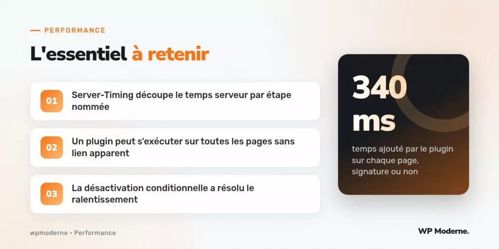 L'essentiel à retenir : Server-Timing découpe le temps serveur par étape nommée ; Un plugin peut s'exécuter sur toutes les pages sans lien apparent ; La désactivation conditionnelle a résolu le ralentissement