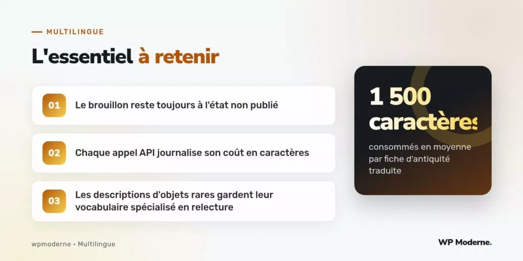 L'essentiel à retenir : Le brouillon reste toujours à l'état non publié ; Chaque appel API journalise son coût en caractères ; Les descriptions d'objets rares gardent leur vocabulaire spécialisé en relecture