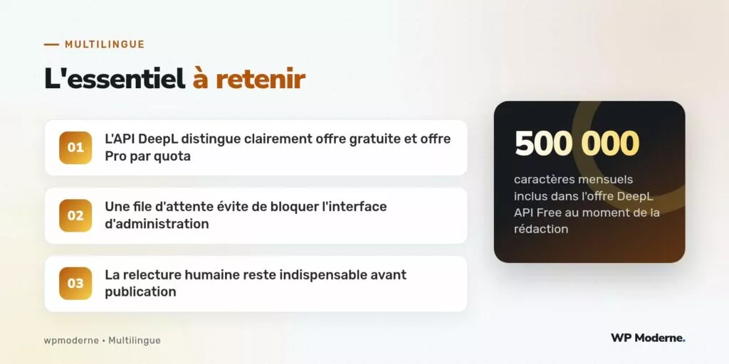 L'essentiel à retenir : L'API DeepL distingue clairement offre gratuite et offre Pro par quota ; Une file d'attente évite de bloquer l'interface d'administration ; La relecture humaine reste indispensable avant publication