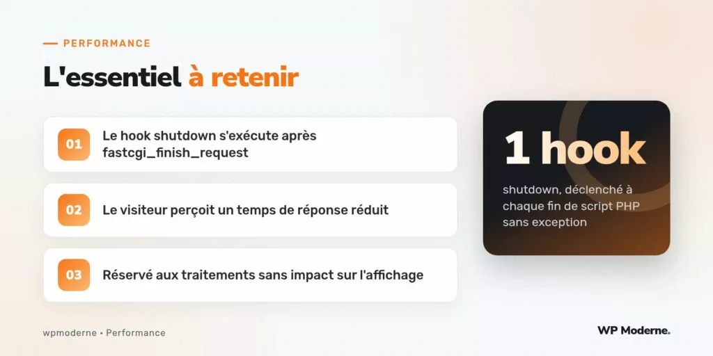 L'essentiel à retenir : Le hook shutdown s'exécute après fastcgi_finish_request ; Le visiteur perçoit un temps de réponse réduit ; Réservé aux traitements sans impact sur l'affichage