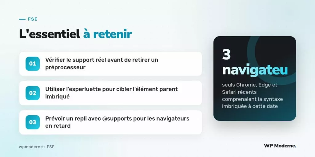 L'essentiel à retenir : Vérifier le support réel avant de retirer un préprocesseur ; Utiliser l'esperluette pour cibler l'élément parent imbriqué ; Prévoir un repli avec @supports pour les navigateurs en retard