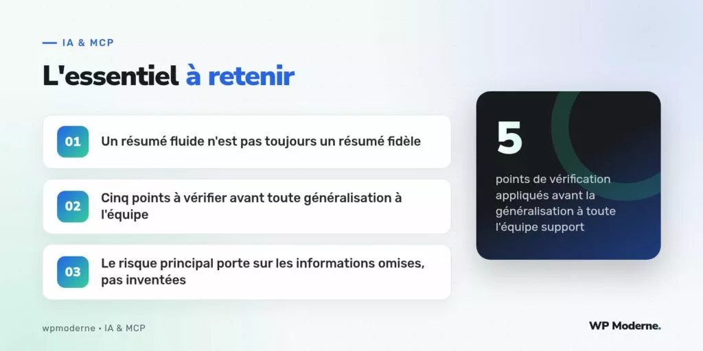 L'essentiel à retenir : Un résumé fluide n'est pas toujours un résumé fidèle ; Cinq points à vérifier avant toute généralisation à l'équipe ; Le risque principal porte sur les informations omises, pas inventées
