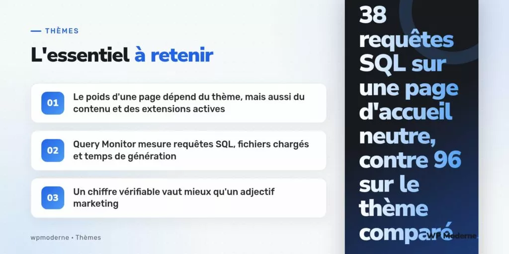 L'essentiel à retenir : Le poids d'une page dépend du thème, mais aussi du contenu et des extensions actives ; Query Monitor mesure requêtes SQL, fichiers chargés et temps de génération ; Un chiffre vérifiable vaut mieux qu'un adjectif marketing