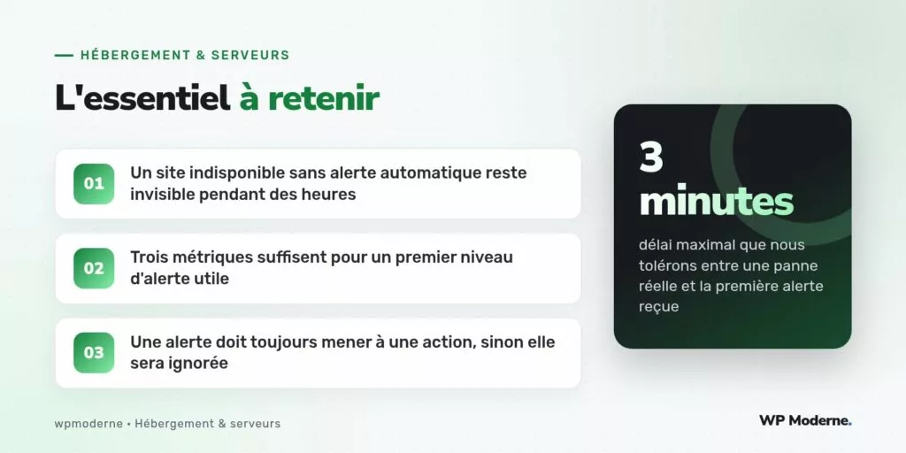 L'essentiel à retenir : Un site indisponible sans alerte automatique reste invisible pendant des heures ; Trois métriques suffisent pour un premier niveau d'alerte utile ; Une alerte doit toujours mener à une action, sinon elle sera ignorée