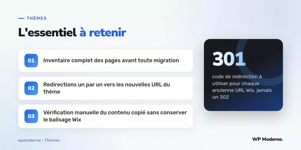L'essentiel à retenir : Inventaire complet des pages avant toute migration ; Redirections un par un vers les nouvelles URL du thème ; Vérification manuelle du contenu copié sans conserver le balisage Wix