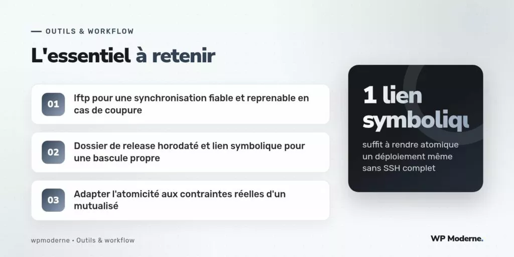 L'essentiel à retenir : lftp pour une synchronisation fiable et reprenable en cas de coupure ; Dossier de release horodaté et lien symbolique pour une bascule propre ; Adapter l'atomicité aux contraintes réelles d'un mutualisé