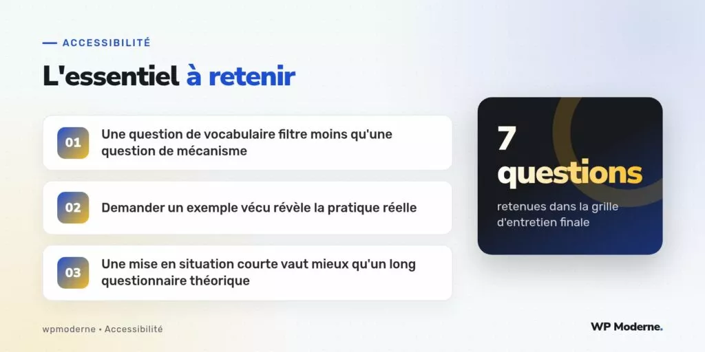 L'essentiel à retenir : Une question de vocabulaire filtre moins qu'une question de mécanisme ; Demander un exemple vécu révèle la pratique réelle ; Une mise en situation courte vaut mieux qu'un long questionnaire théorique
