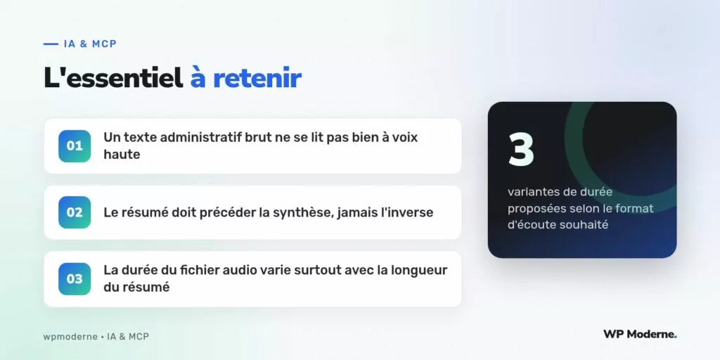 L'essentiel à retenir : Un texte administratif brut ne se lit pas bien à voix haute ; Le résumé doit précéder la synthèse, jamais l'inverse ; La durée du fichier audio varie surtout avec la longueur du résumé