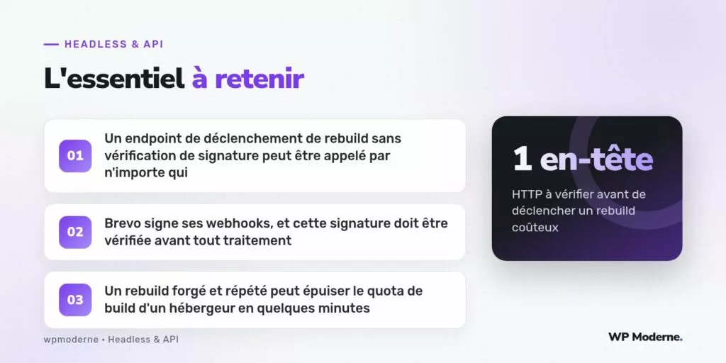 L'essentiel à retenir : Un endpoint de déclenchement de rebuild sans vérification de signature peut être appelé par n'importe qui ; Brevo signe ses webhooks, et cette signature doit être vérifiée avant tout traitement ; Un rebuild forgé et répété peut épuiser le quota de build d'un hébergeur en quelques minutes