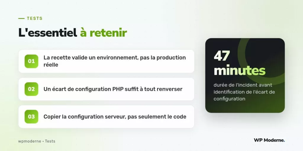 L'essentiel à retenir : La recette valide un environnement, pas la production réelle ; Un écart de configuration PHP suffit à tout renverser ; Copier la configuration serveur, pas seulement le code