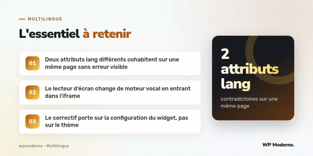 L'essentiel à retenir : Deux attributs lang différents cohabitent sur une même page sans erreur visible ; Le lecteur d'écran change de moteur vocal en entrant dans l'iframe ; Le correctif porte sur la configuration du widget, pas sur le thème