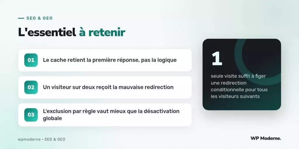 L'essentiel à retenir : Le cache retient la première réponse, pas la logique ; Un visiteur sur deux reçoit la mauvaise redirection ; L'exclusion par règle vaut mieux que la désactivation globale