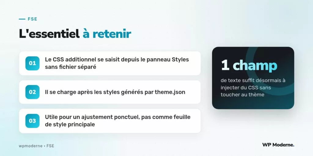 L'essentiel à retenir : Le CSS additionnel se saisit depuis le panneau Styles sans fichier séparé ; Il se charge après les styles générés par theme.json ; Utile pour un ajustement ponctuel, pas comme feuille de style principale