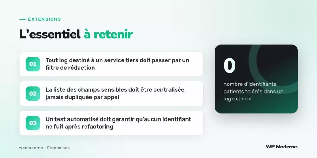 L'essentiel à retenir : Tout log destiné à un service tiers doit passer par un filtre de rédaction ; La liste des champs sensibles doit être centralisée, jamais dupliquée par appel ; Un test automatisé doit garantir qu'aucun identifiant ne fuit après refactoring