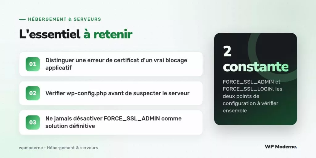 L'essentiel à retenir : Distinguer une erreur de certificat d'un vrai blocage applicatif ; Vérifier wp-config.php avant de suspecter le serveur ; Ne jamais désactiver FORCE_SSL_ADMIN comme solution définitive